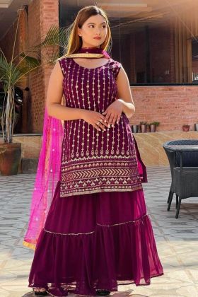 Magenta Pink Embroidery Work Wedding Sharara Dress