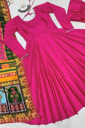 Magenta Pink Malai Satin Round Neck Anarkali Gown