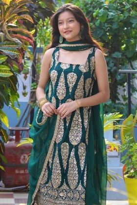 Green Sequence Embroidery Work Top With Plain Palazzo