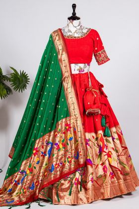 Maharastrian Style Red Paithani Jacquard Silk Lehenga