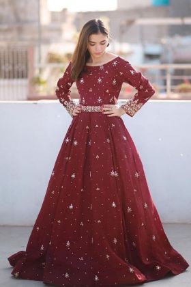 Maroon Embroidery Work Anarkali Gown