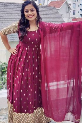 Maroon Embroidery Work Anarkali Style Long Gown
