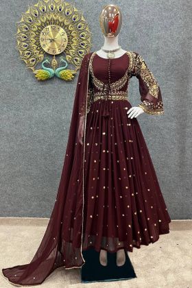 Maroon Embroidery Work Long Anarkali Gown