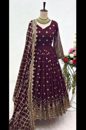 Maroon Faux Georgette Sequence Work Gown