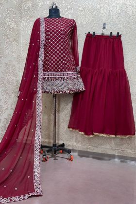 Maroon Heavy Georgette Embroidery Work Sharara Salwar Suit