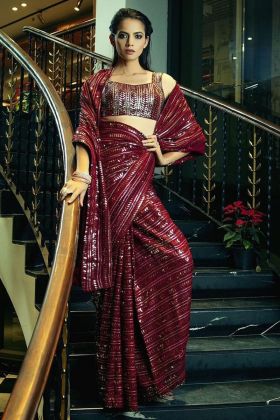 Maroon Multi Sequence Embroidery Work Saree