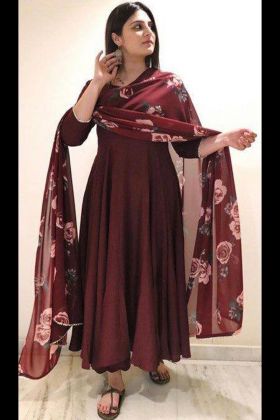 Maroon Plain Anarkali Style Gown With Digital Printed Dupatta