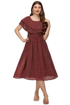 Maroon Printed Western Dress With Ruffle Neck