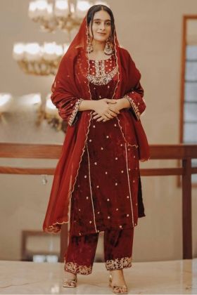 Maroon Pure Viscose Velvet Embroidered Salwar Kameez