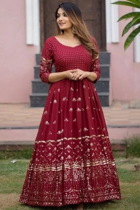 Maroon Sequence Embroidery Work Anarkali Gown