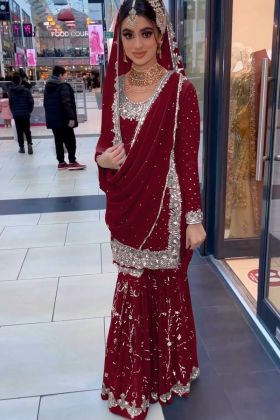 Maroon Sequence Embroidery Work Salwar Suit For Eid