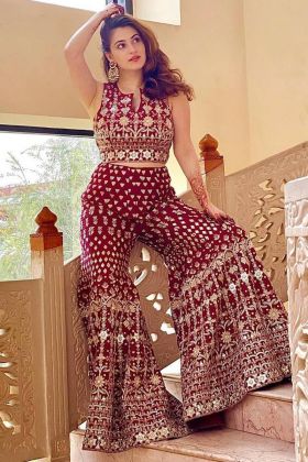 Maroon Sequence Embroidery Work Sharara Style Suit
