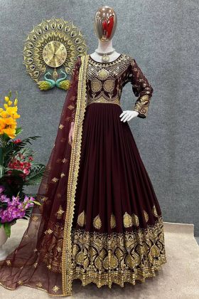 Maroon Sequence Work Faux Georgette Gown