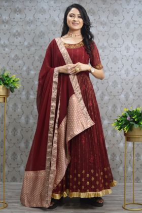 Maroon Thread Embroidery Work Long Gown
