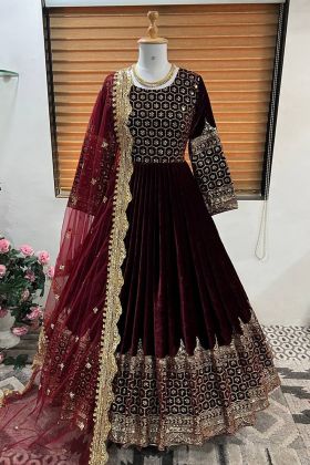 Maroon Viscose Velvet Embroidery Work Gown