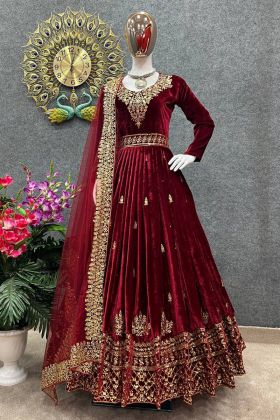 Maroon Viscose Velvet Embroidery Work Gown For Wedding