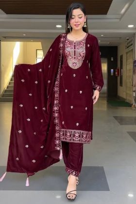 Maroon Viscose Velvet Embroidery Work Salwar Suit