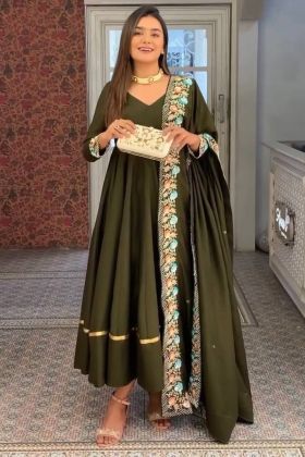 Mehendi Green Plain Gown With Flower Embroidery Work Dupatta