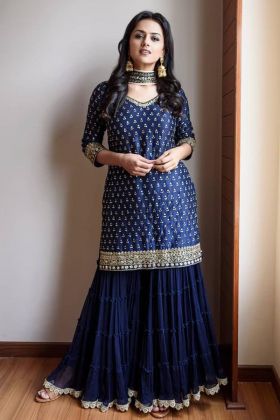 Midnight Blue Embroidery Work Top With Ruffle Lehenga