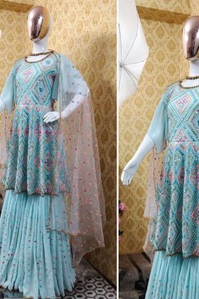 Mint Embroidery Work Sharara Salwar Suit