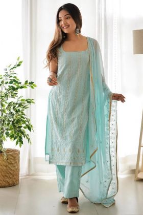 Mint Green Cotton Thread Embroidery Work Straight Suit