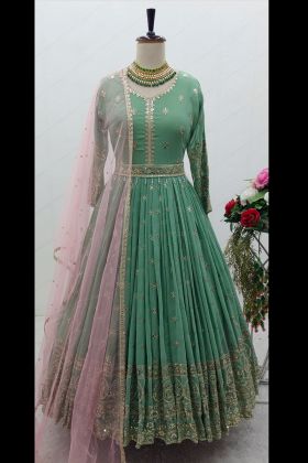 Mint Green Embroidery Work Gown With Dupatta