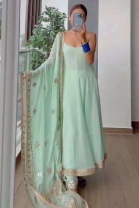 Mint Green Embroidery Work Heavy Georgette Long Gown With Dupatta