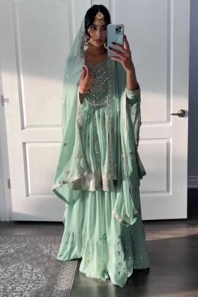 Mint Green Embroidery Work Ruffle Sharara Suit
