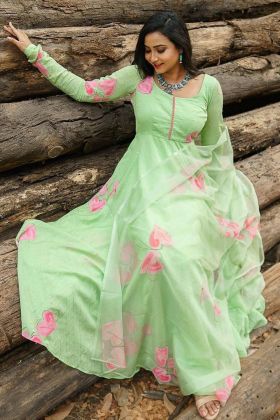 Mint Green Flower Printed Round Neck Anarkali Style Gown