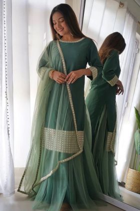 Mint Green Soft Butterfly Net Top With Sequence Work Lehenga