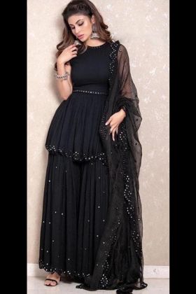 Mouni Roy Black Real Mirror Work Sharara Style Suit