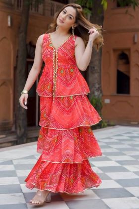 Multi Color Bandhani Printed Ruffle Anarkali Gown