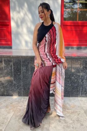 Multi Color Chinon Striped Printed Saree