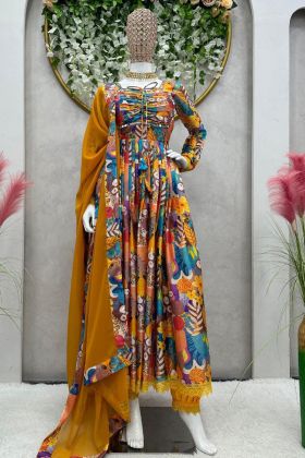 Multi Color Digital Printed Chinon Silk Gown
