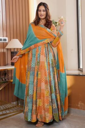 Multi Color Digital Printed Faux Georgette Anarkali Gown