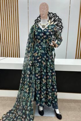 Multi Color Digital Printed Tebby Organza Silk Gown