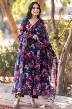 Multi Color Flower Printed Anarkali Style Long Gown