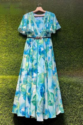 Multi Color Flower Printed Georgette Long Western Dress