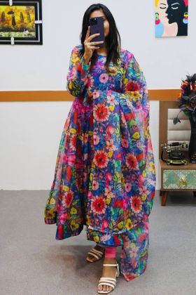 Multi Color Flower Printed Organza Gown