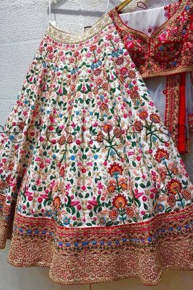 Multi Color Malai Satin Silk Multi Embroidered Lehenga