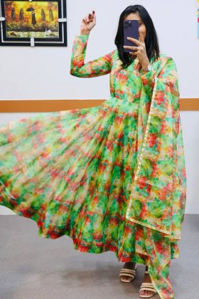 Multi Color Organza Flower Printed Gown