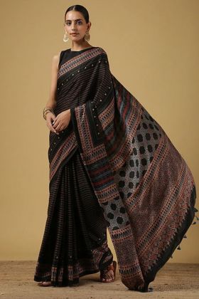 Multi Color Striped Printed Muslin Silk Saree