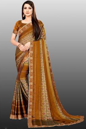 Mustard Yellow Digital Printed Saree With Foil Work Lace