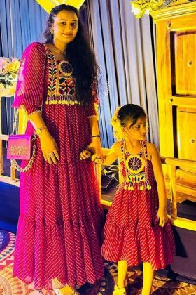 Navratri Special Pink Mother Daughter Gown Combo