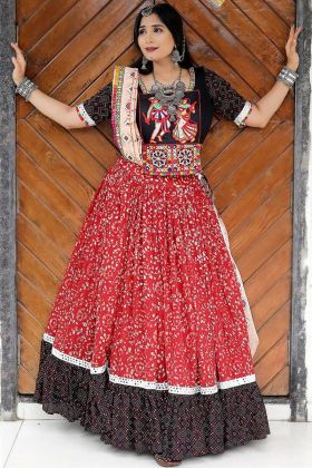Navratri Wear Red Digital Printed Cotton Readymade Lehenga Choli