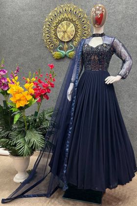Navy Blue Anarkali Style Readymade Gown