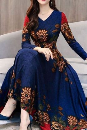 Navy Blue Flower Printed Long Gown