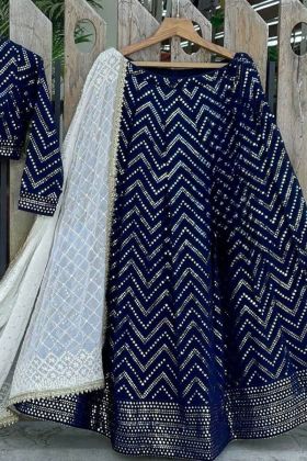 Navy Blue Malai Satin Silk Embroidery Work Lehenga Choli