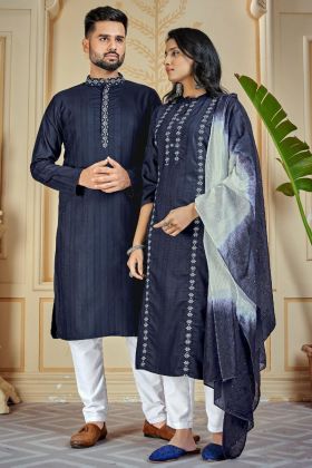 Navy Blue Pure Cotton Sequence Work Couple Special Combo
