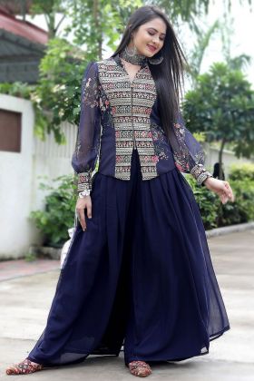 Navy Blue Thread Embroidery Work Top With Sharara